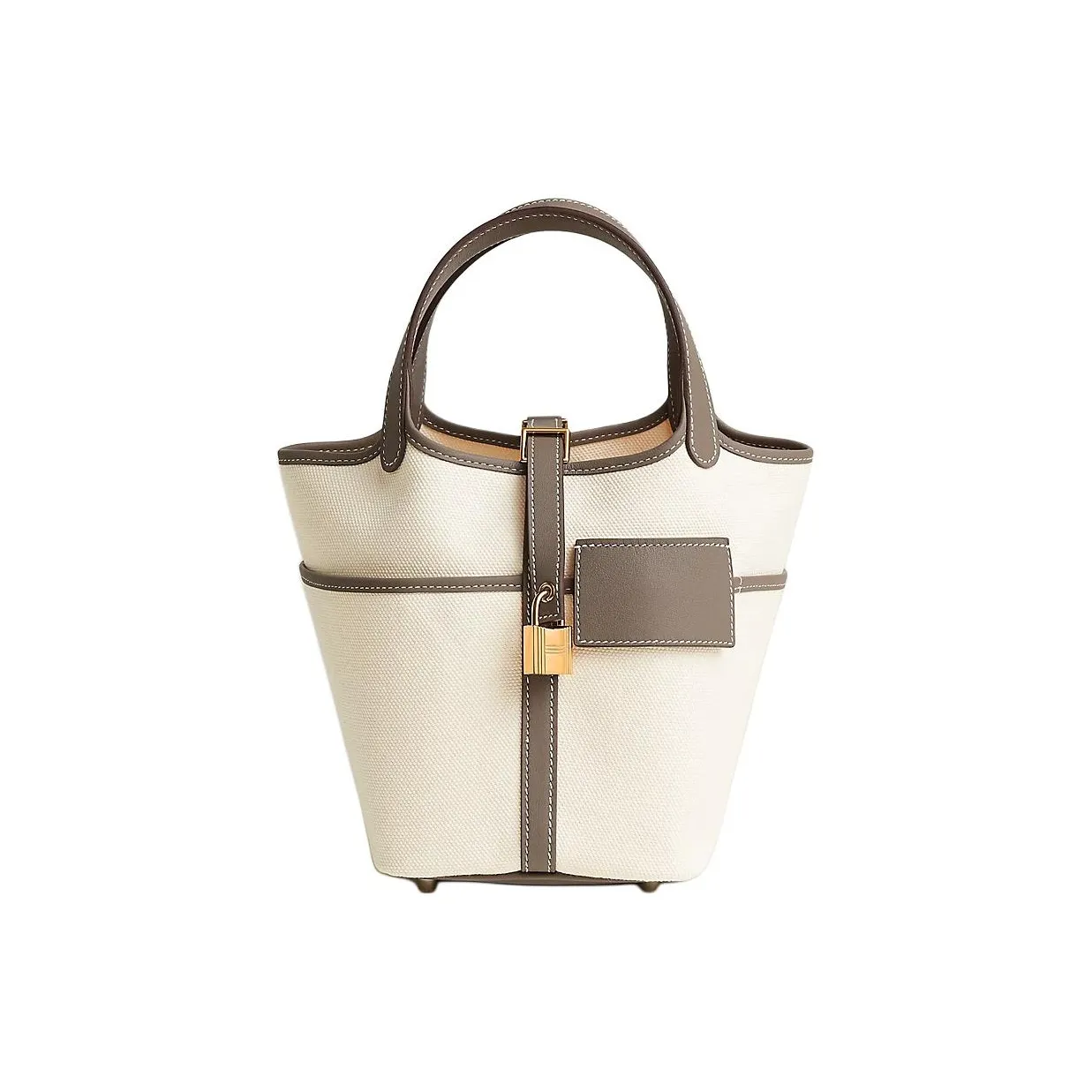 HERMES Picotin Lock Goeland Canvas And Swift Calfskin Basket Bag Handbag Unisex Light Beige & Elephant Gray