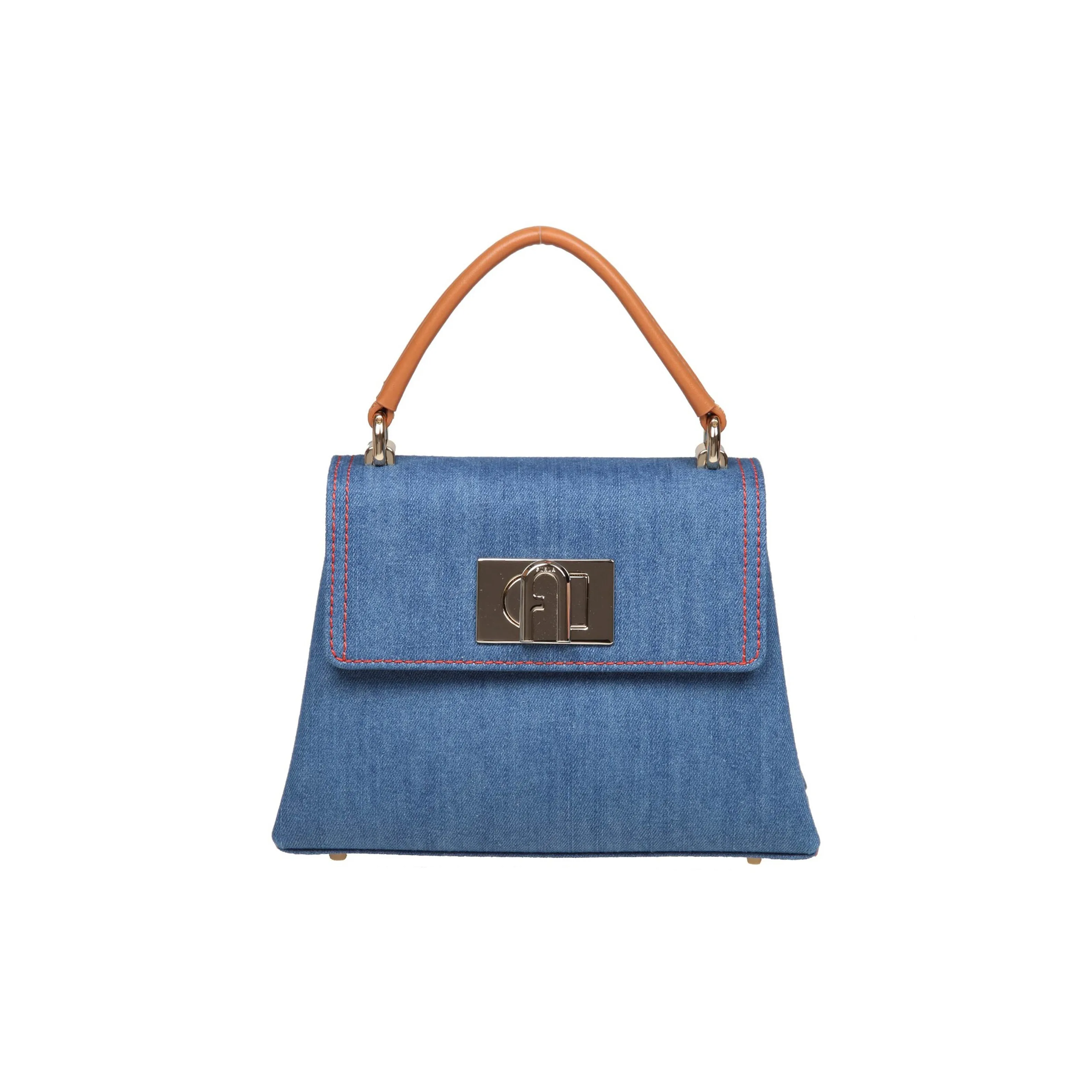 Furla 1927 Collection Cotton With Leather Shoulder Bag, Crossbody Bag, Handbag Mini Women's Mediterranean Blue
