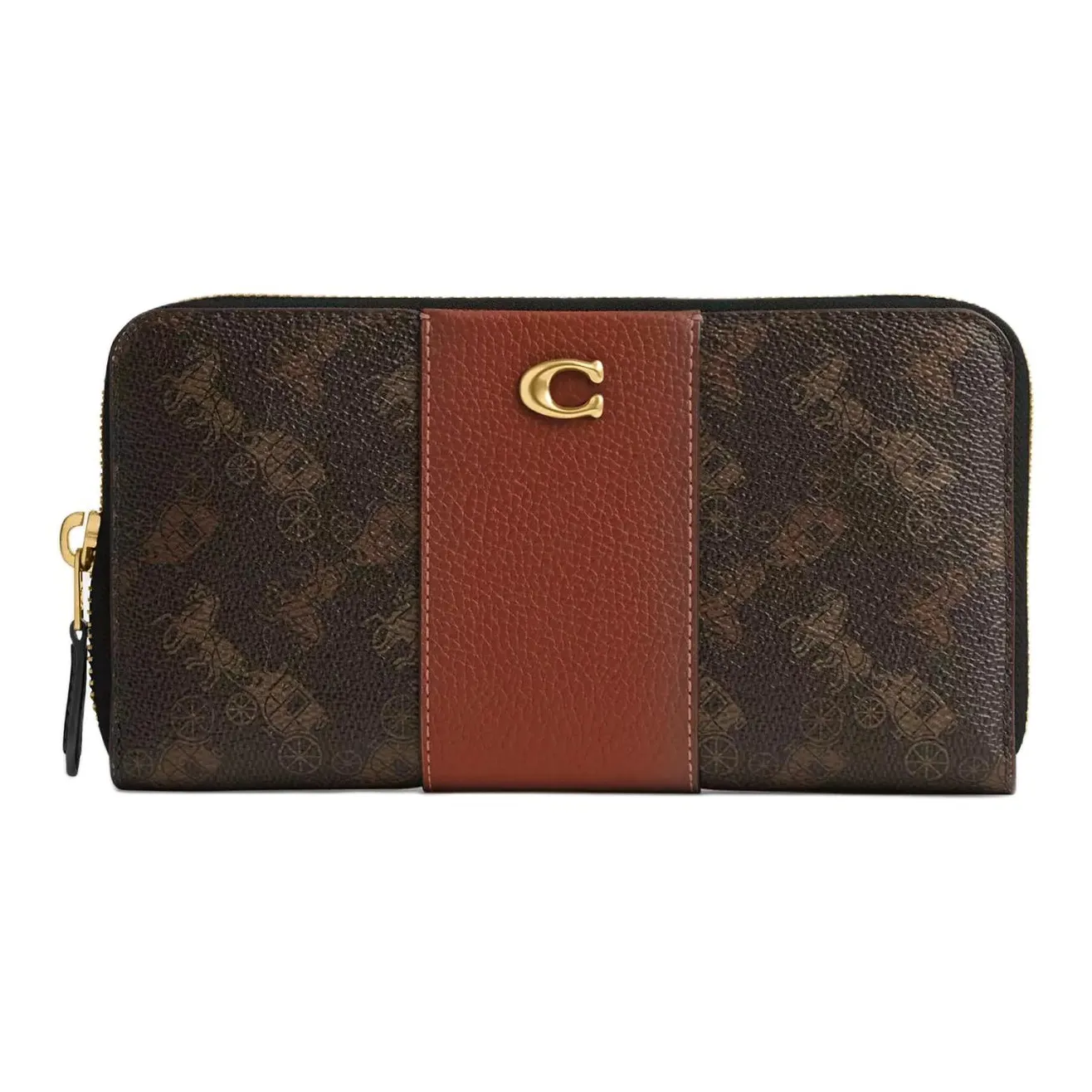 COACH Accordion Zip Coated Canvas With Polished Pebble Texture Leather Wallet Small Unisex Brass & Black & Brown