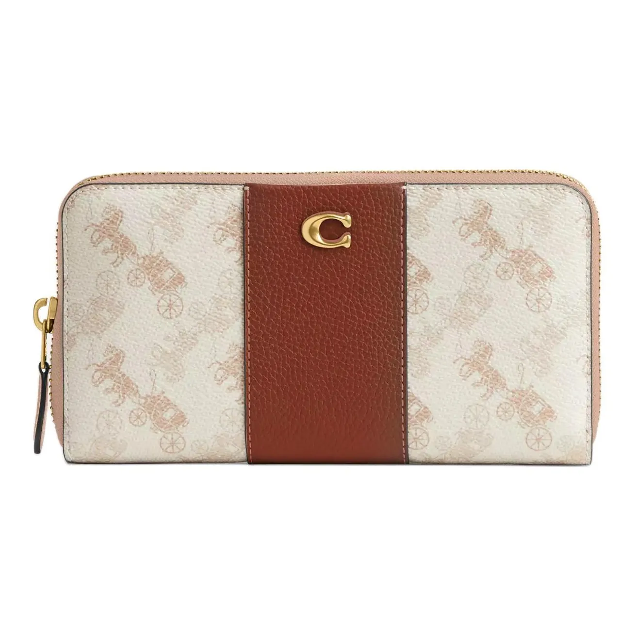 COACH Accordion Zip Coated Canvas With Polished Shell Pattern Leather Wallet Small Size Unisex White & Brown