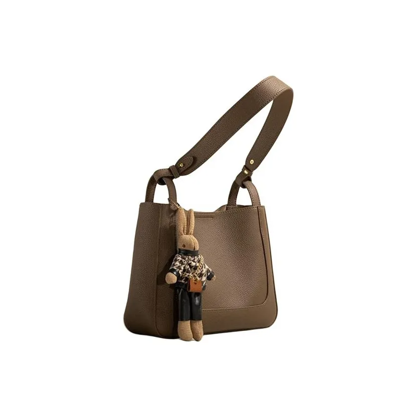 TOUCH MISS Cow Leather Bucket Bag, Shoulder Bag Medium Size Women's Coffee/Pitch Black/Milk White