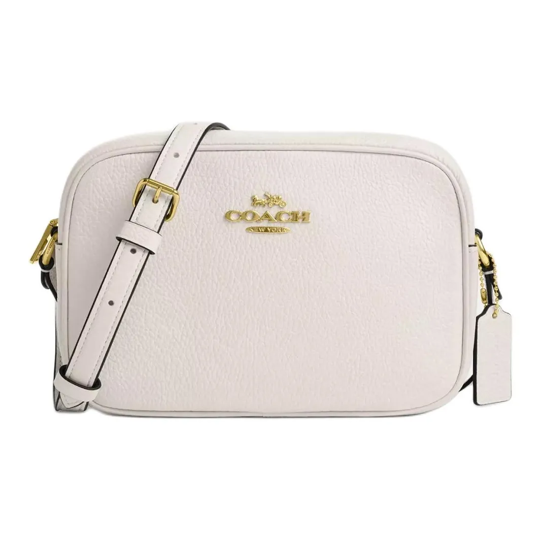 COACH Jamie Refined Pebble Pattern Leather Camera Bag, Shoulder Bag, Crossbody Bag Trumpets Women's Gold & Chalk White
