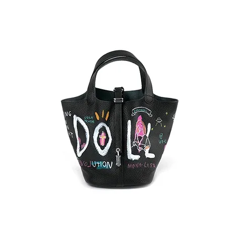 SHINICHIROINUI Cow Leather Graffiti Bag Bucket Handbag Large Size Women's Black