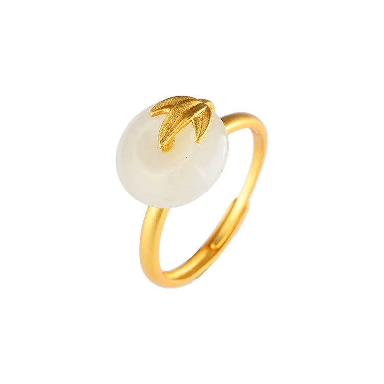 Emerald Dynasty 925 Sterling Silver Hetian Jade Rings Women's Pale Greenish-White Jade