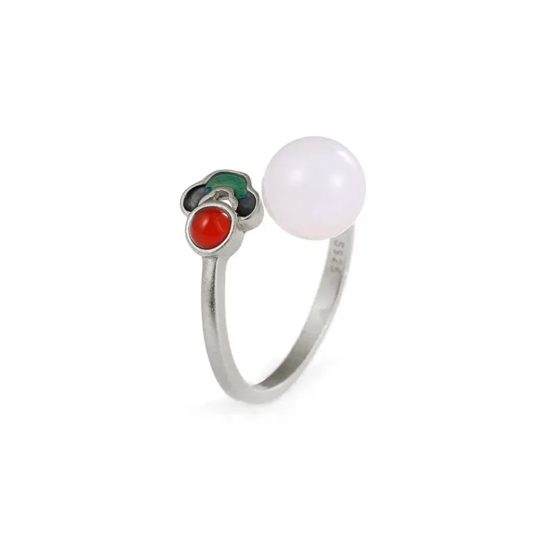 Emerald Dynasty 925 Sterling Silver Hetian Jade Rings Women's Pale Greenish-White Jade