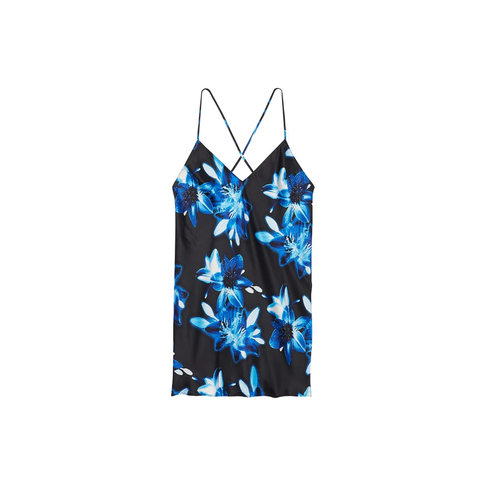 Victoria's Secret Satin Open Back Slip Nightgown Women's Black Background With Blue Floral Print