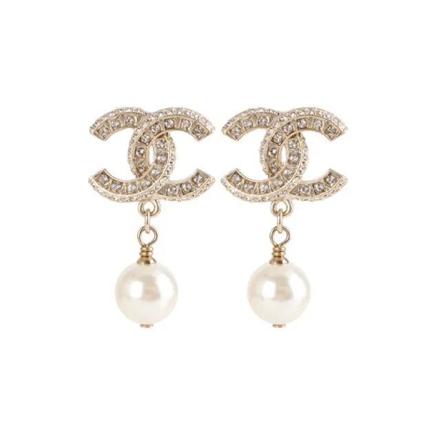 CHANEL Women's CC Metal Logo Pearl Earrings Gold