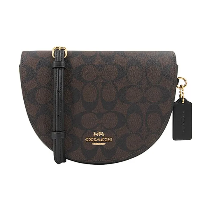 COACH Ellen Leather Shoulder Bag Saddle Bag Crossbody Bag Small Size Women's Dark Brown Monogram
