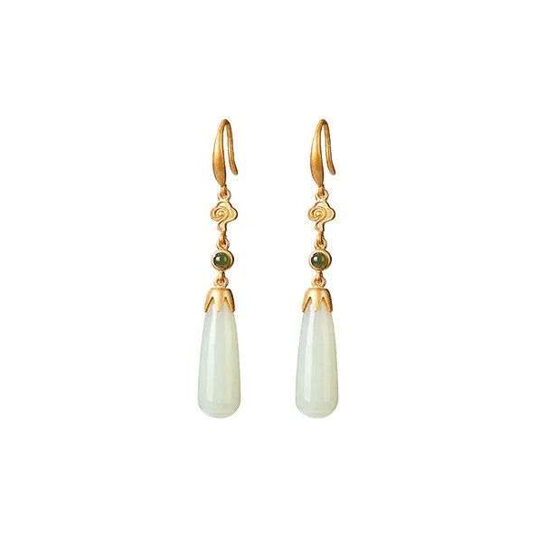 Xiaoyinjiang 925 Sterling Silver, Hetian Jade Hoop Earrings, Drop Earrings Women's Pale Greenish White Jade