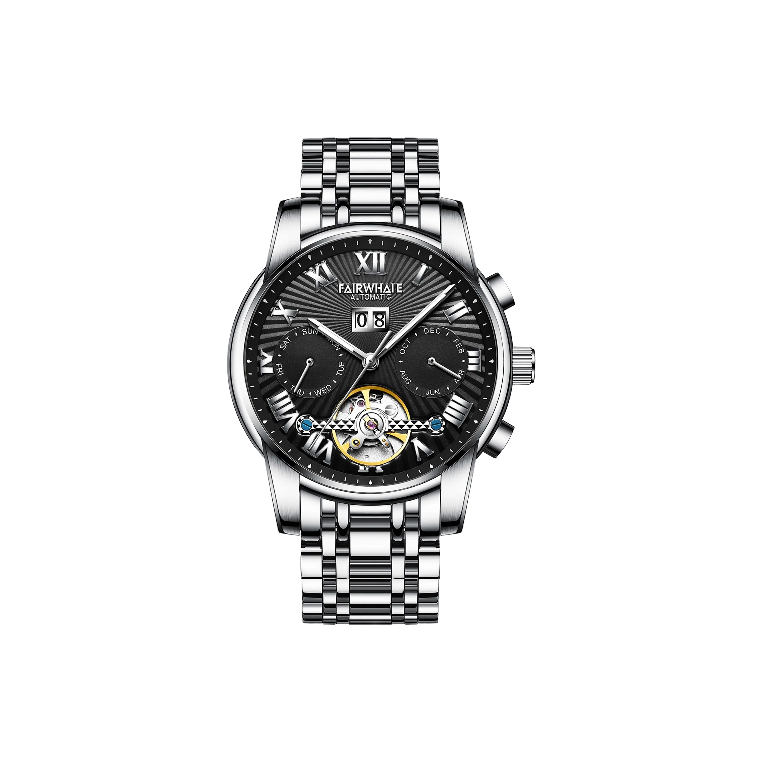 FAIRWHALE Starlight Collection Mechanical Movement Stainless Steel Watchband Watch Men's Watches Black Dial