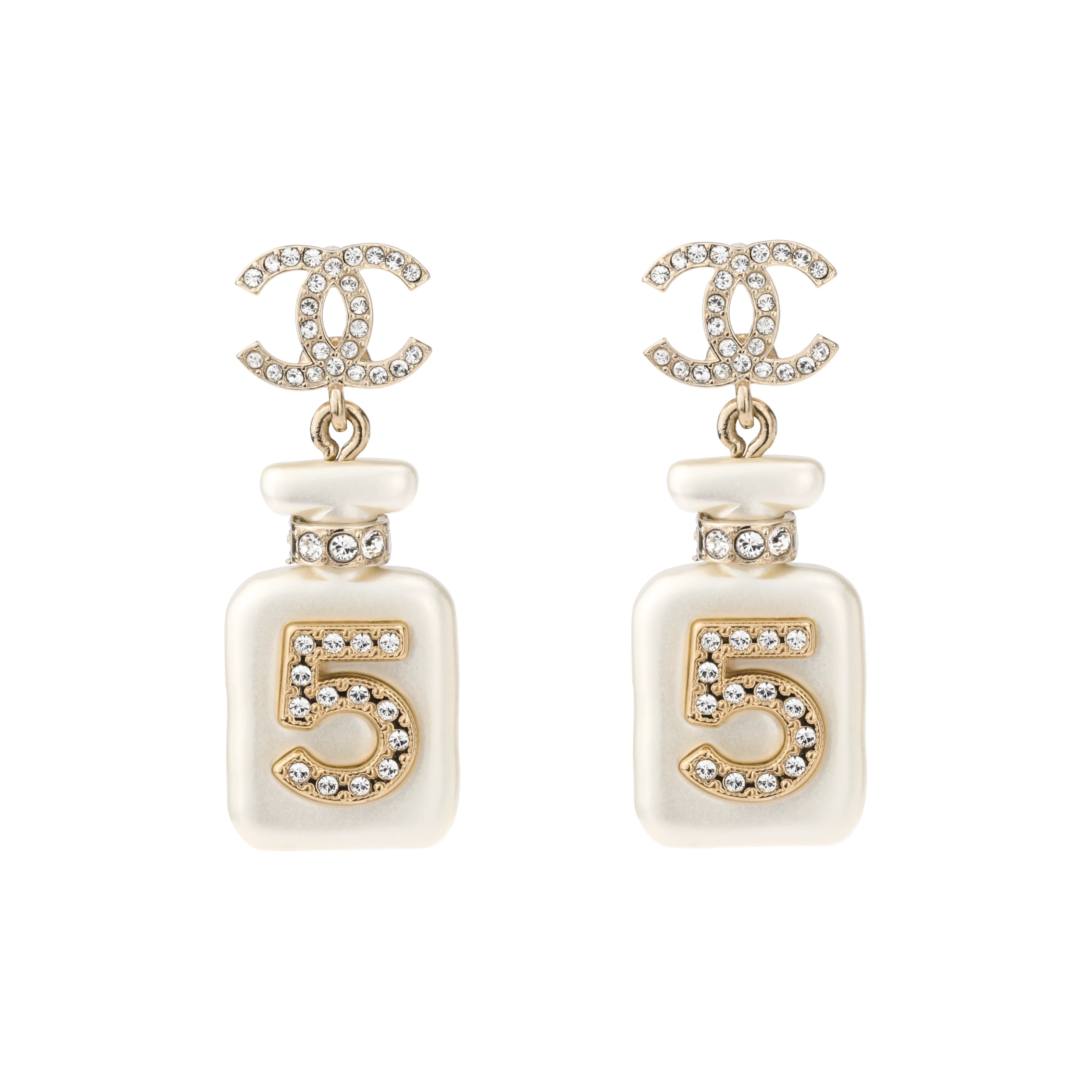 CHANEL 2022 Gold Plated And Pearl Resin Crystal Cc No 5 Perfume Bottle Drop Earrings Costume Earrings
