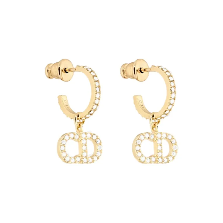 DIOR Metallic White Crystal Earrings Women's Gold