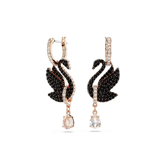 Swarovski Swan Drop Earrings Swan/Black/Rose Gold-tone Plated