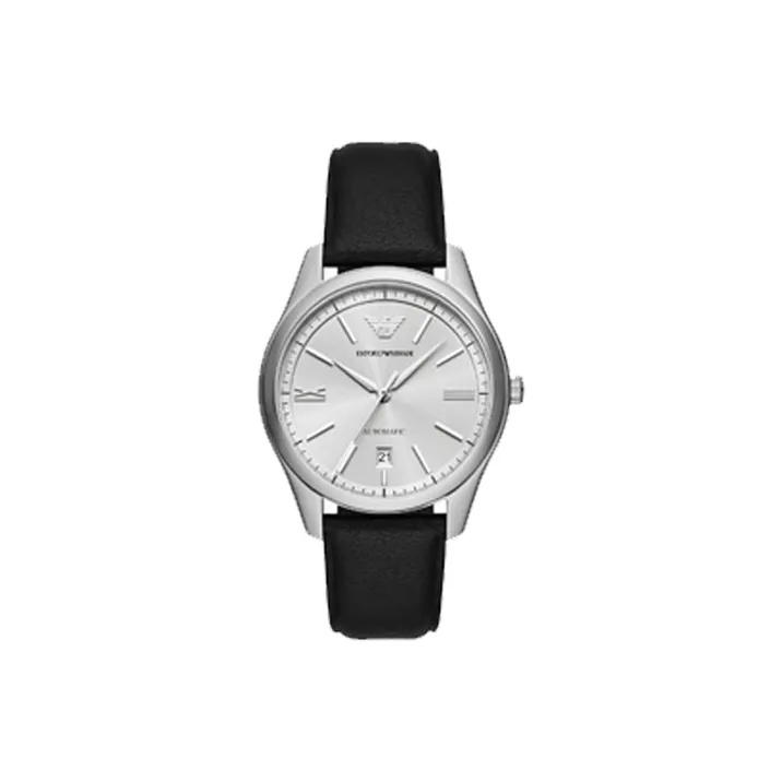 EMPORIO ARMANI Automatic Three-Hand Date Black Leather Watch