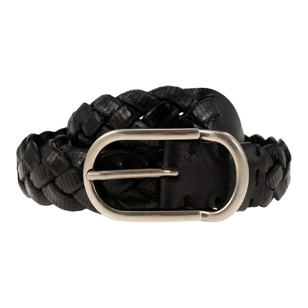Brunello Cucinelli Woven Design, Pin Buckle Leather Belts Men's Black Width 3cm