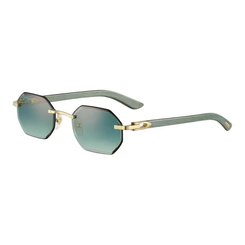 CARTIER Gold Plated Metal Wooden Irregular Shape Sunglasses Unisex Green