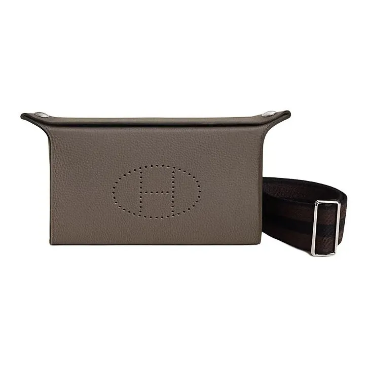 HERMES Videpoches Togo Calfskin Plate Bag Fanny Pack Shoulder Bag Crossbody Bag Men
s Silver Gray 
Ebony 
Black