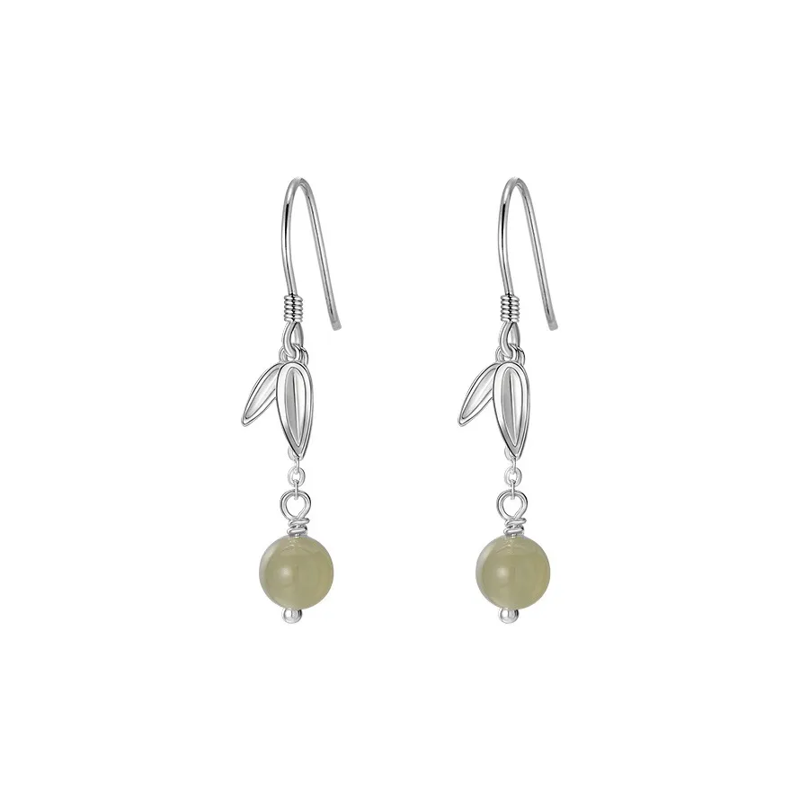 Mini&yaya S999 Fine Silver Hetian Jade Earrings Women's Pale Greenish White Jade