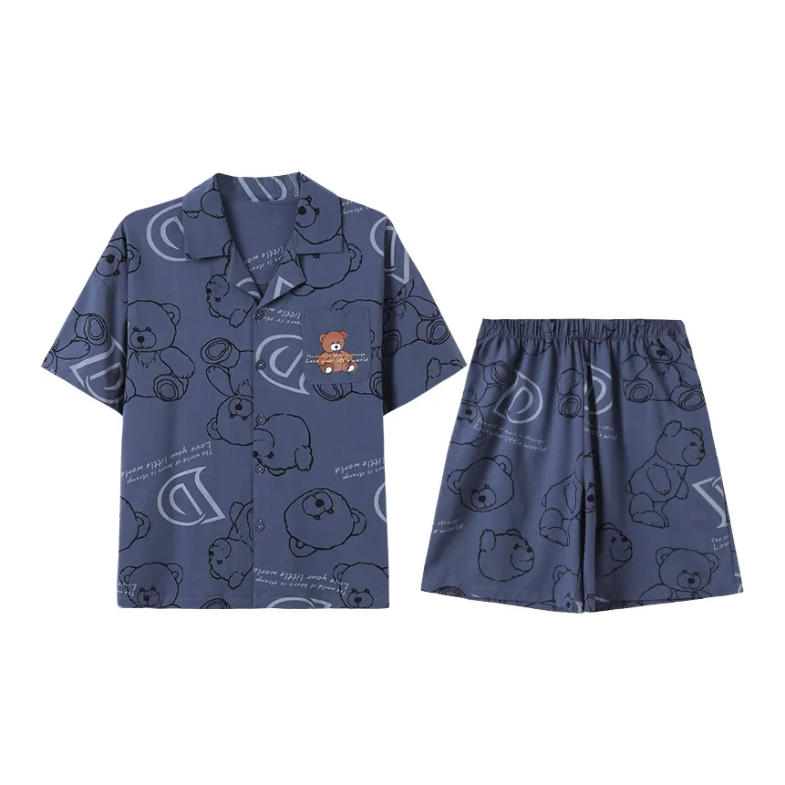 Сон Студенты Спальня Дом Верхняя одежда Готовая Повседневный Универсальный Свободный крой Большой размер Комплект Пижам Мужской Синий Медведь