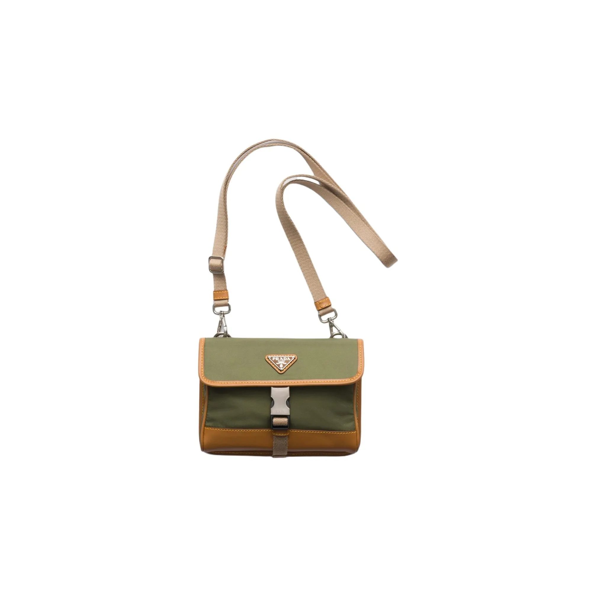 prada T-shirt Leather With Nylon Shoulder Bag Crossbody Bag Men's Khaki & Camel