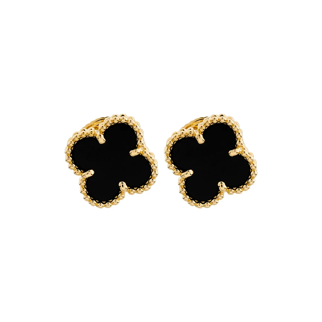 Van Cleef & Arpels Alhambra Four Leaf Lucky Series 18K Gold Stud Earrings Women's Black Gold