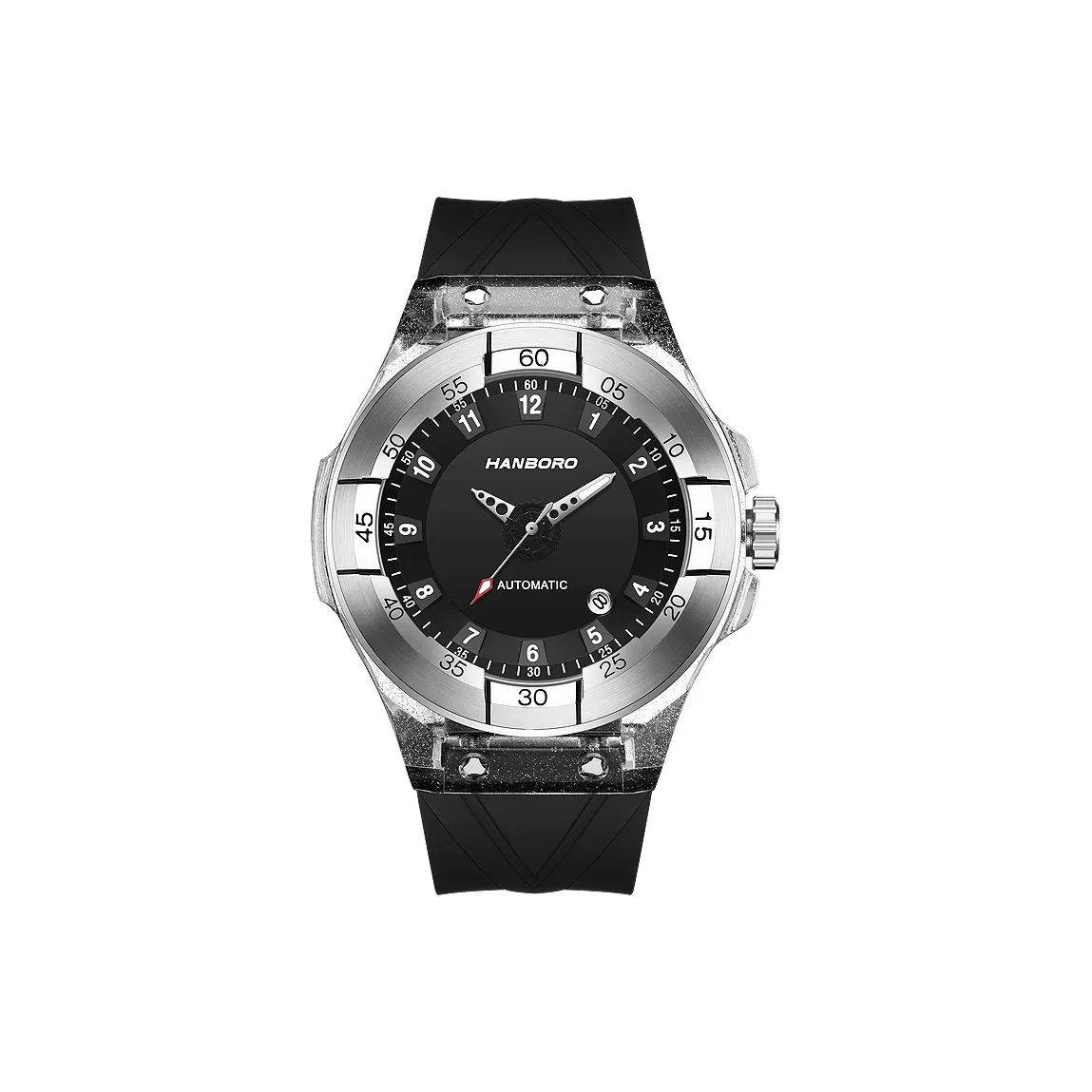 HANBORO Mechanical Movement Silicone Strap Watch Men's Watches Black Dial