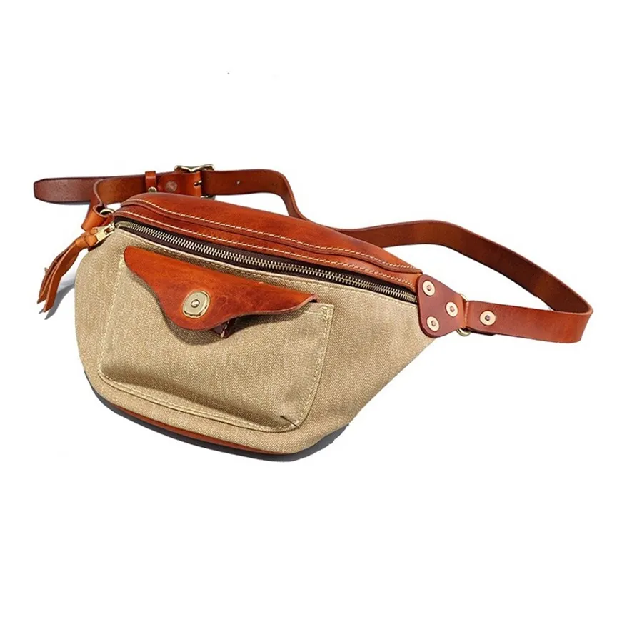 PULUWIRR Canvas Cowhide Versatile Korean Style Sling Bag For Men Men's