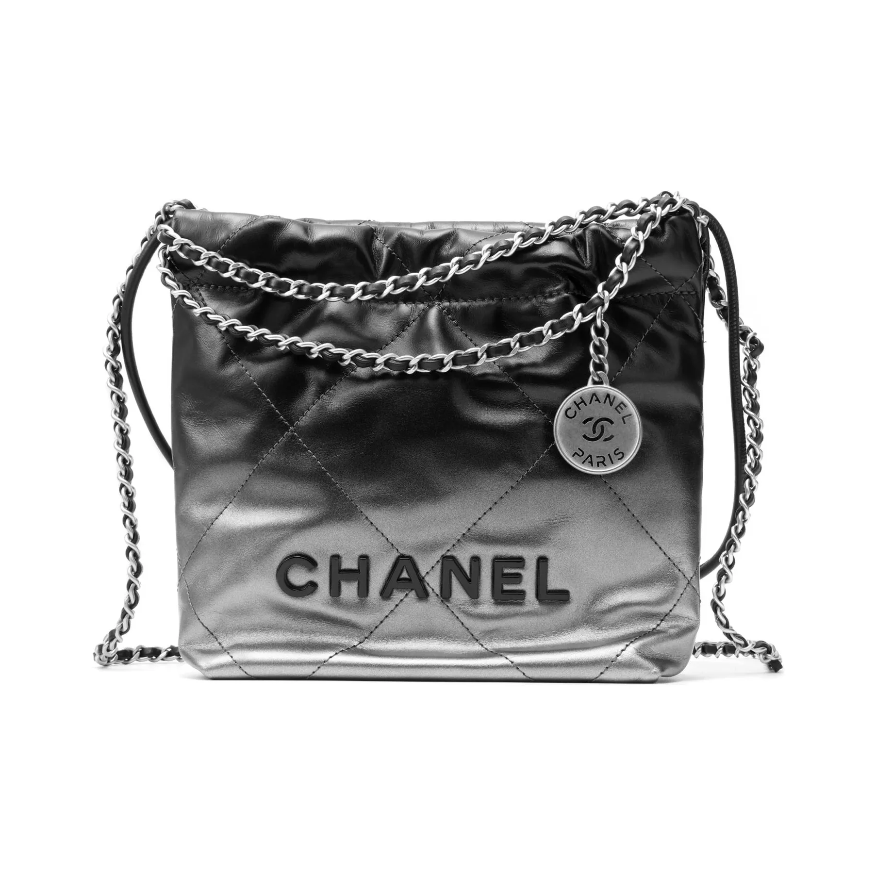 CHANEL 22Bag Calfskin Bucket Bag, Shoulder Bag, Crossbody Bag Mini Women's Silver & Black