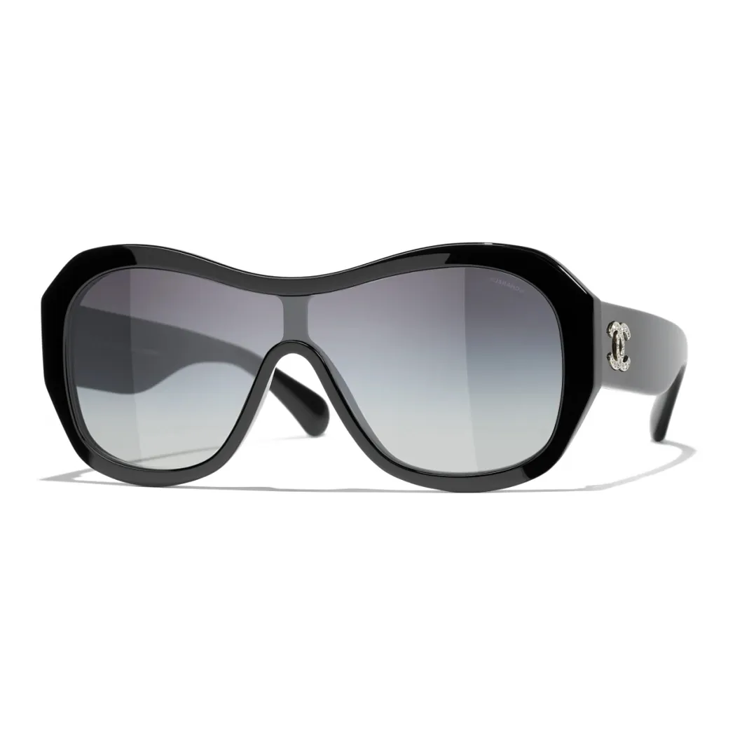CHANEL Acetate Irregular Shape Sunglasses Women's Black