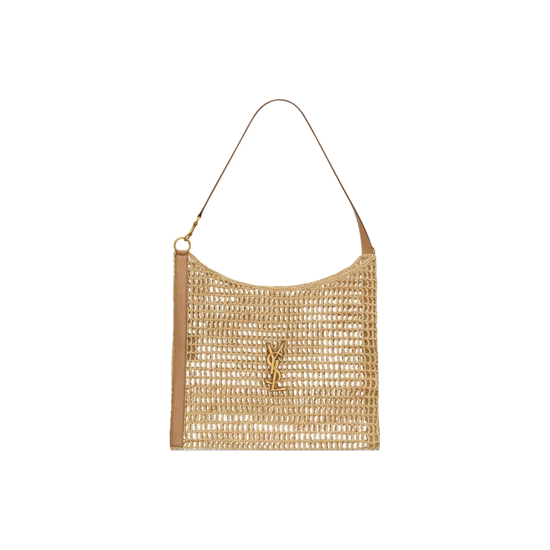 SAINT LAURENT Raffia Vegetable Tanned Leather Handbag Shoulder Bag Women's Natural & Vintage Brown Gold