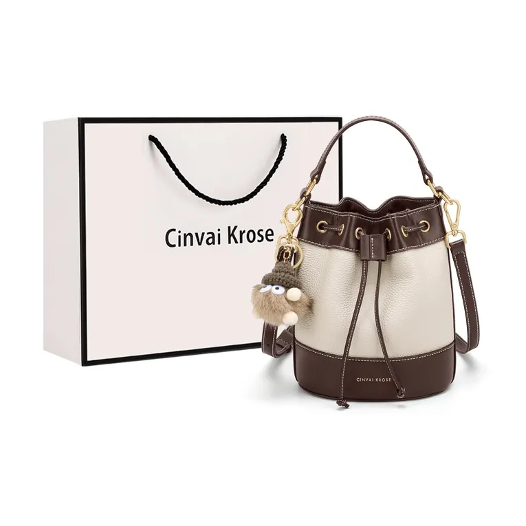 CinvaiKrose Cow Leather Patchwork Synthetic Leather Bucket Bags One Shoulder Handbags Small Size Women's White