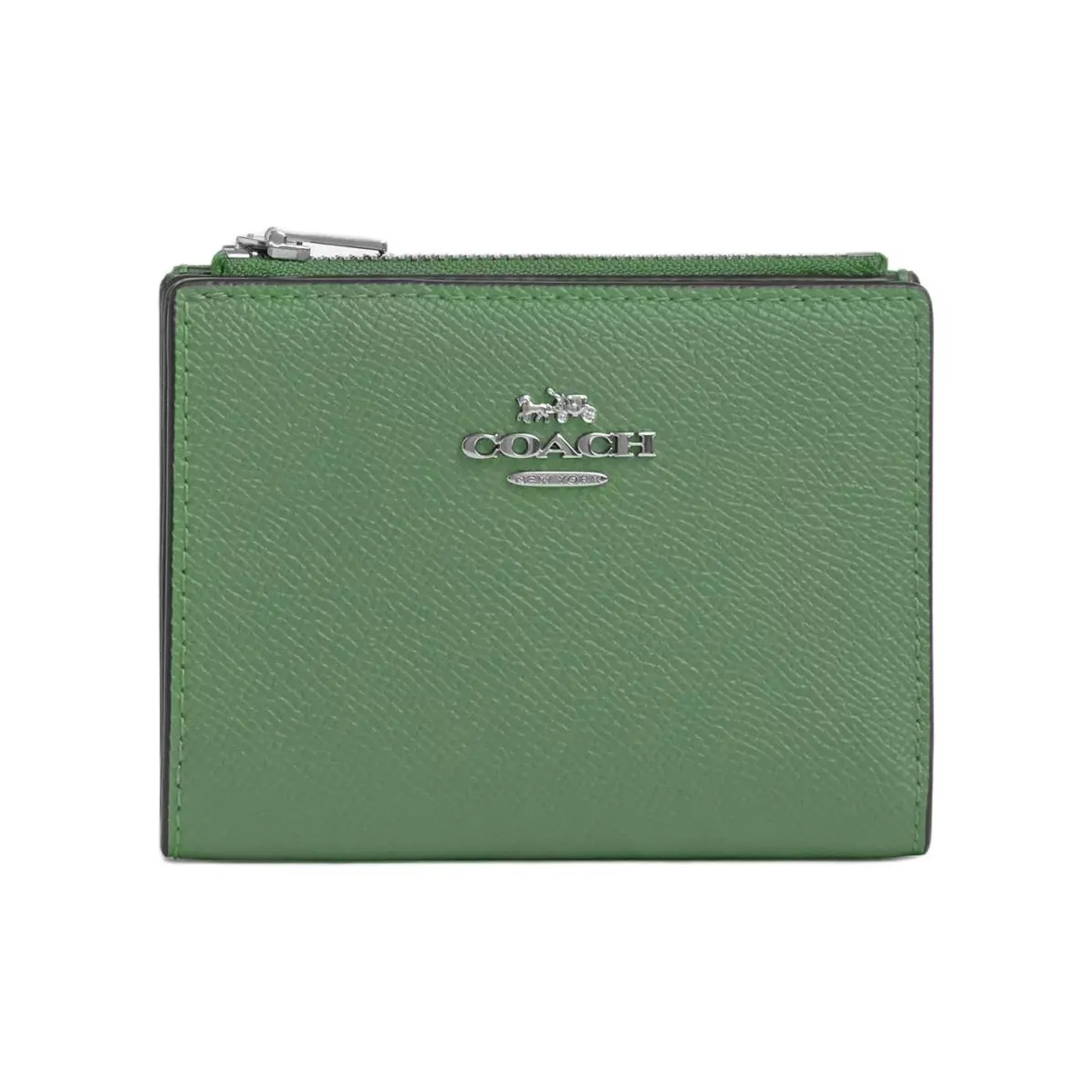 COACH Cross Grain Leather Wallet Mini Women's Silver & Light Green