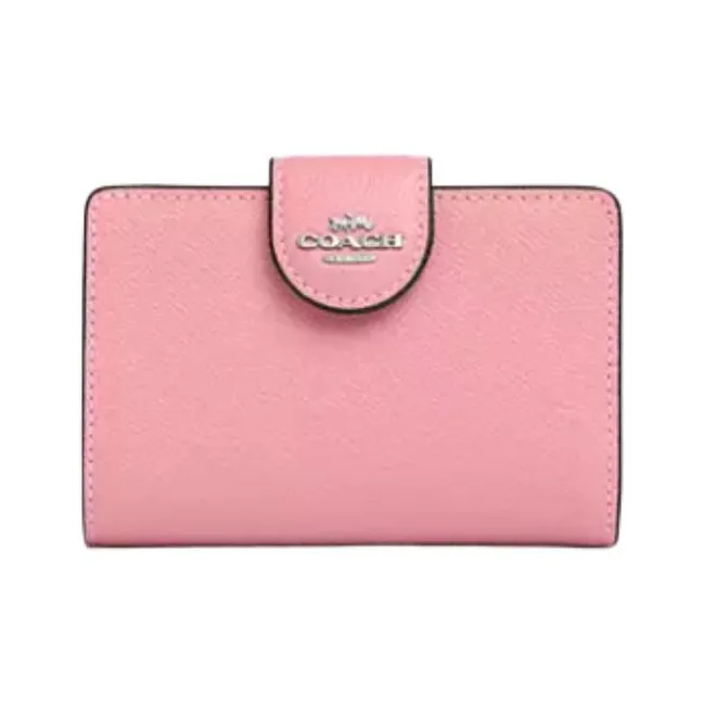 COACH Corner Zip Крестообразная текстура Кожа Кошелек Мини Женский Серебряный Цветочный Розовый