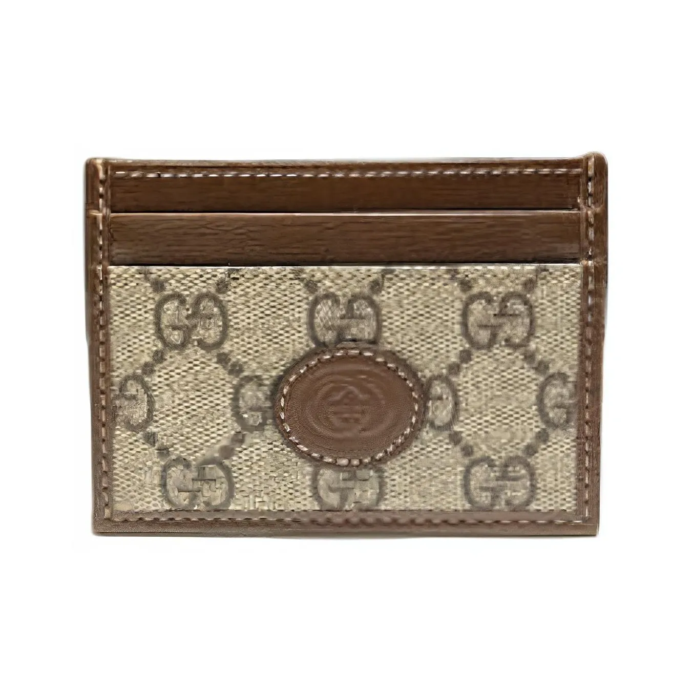GUCCI Canvas With Leather Card Clip Card Holder Unisex Ebony & Brown