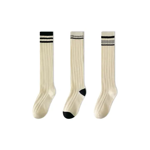 COTTON CHEESE 3 шт [Черный Mouth Двойная полоска Белый Mouth Двойная полоска Белый Mouth Тройной Stripe] Женские Колено высокие носки