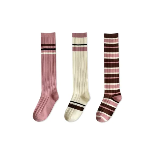 COTTON CHEESE 3 шт Розовый с Three stripes+Розовый с Два Полосы+Коричневый с Wide Полосы Женские Колено high Носки