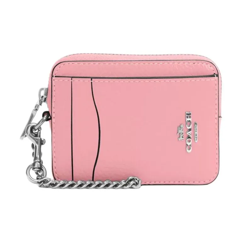 COACH Card Case Галечная кожа Картхолдер Мини Женский Серебряный и Цветочный Розовый