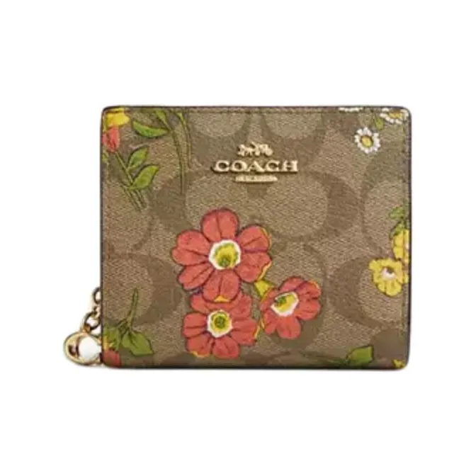 COACH Snap Wallet Iconic Coated Canvas With Smooth Leather Wallet Mini Women's Gold & Khaki & Multicolor