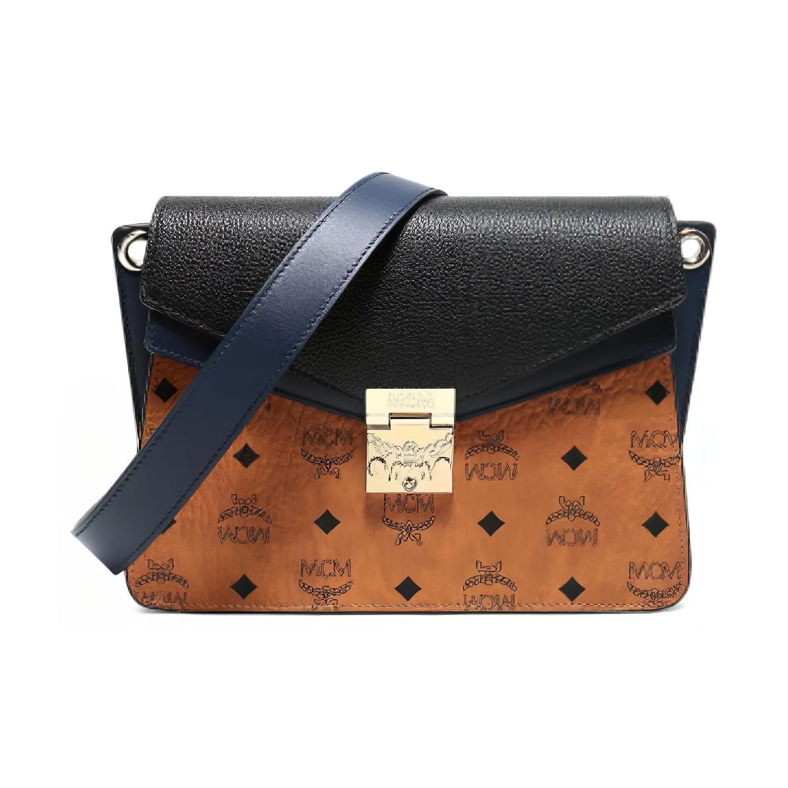 MCM Leather, Cow Leather Crossbody Bag, Shoulder Bag Men's Marine Blue Brown Cognac