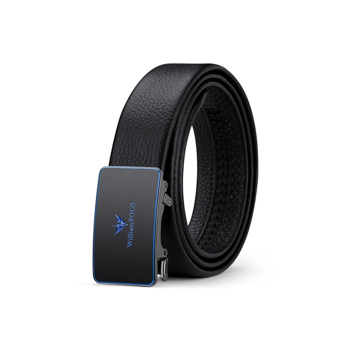 WilliamPOLO Top Grain Cow Leather Leather Belts Men's Blue Inward Curling Hair 3.5cm Width
