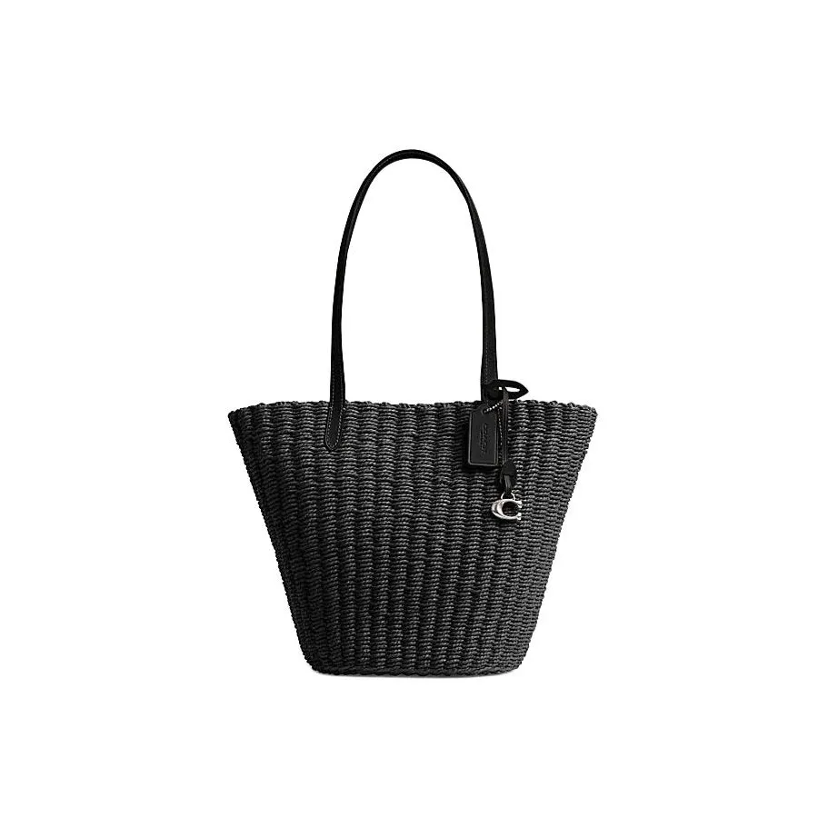 coach Sig Straw Cellulose Material Tote Bag, Shopping Bag, Handbag, Shoulder Bag Small Size Women's Black