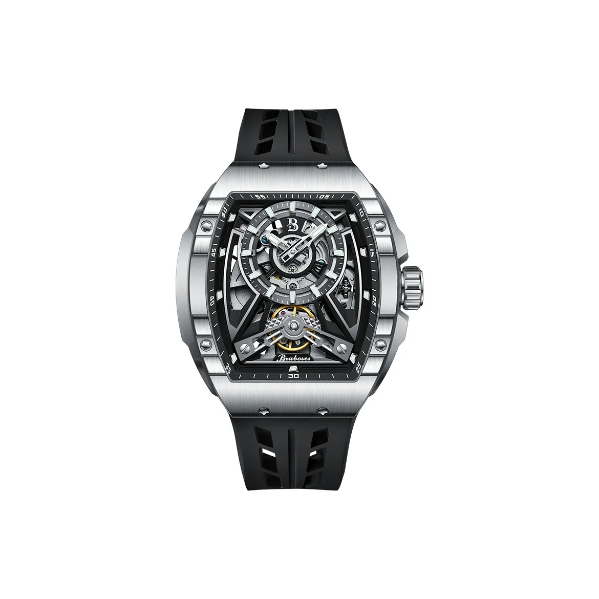 BRUBOSES Automatic Mechanical Movement Silicone Strap Watch Men's Watches Cut-Out Dial BS004-1