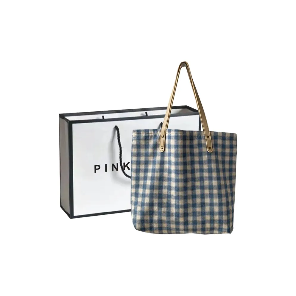 PINK·LAND Canvas Tote Bag, Shopping Bag, Canvas Bag, Shoulder Bag Women's Light Blue Plaid Sub Bag/Dark Blue Plaid Bag