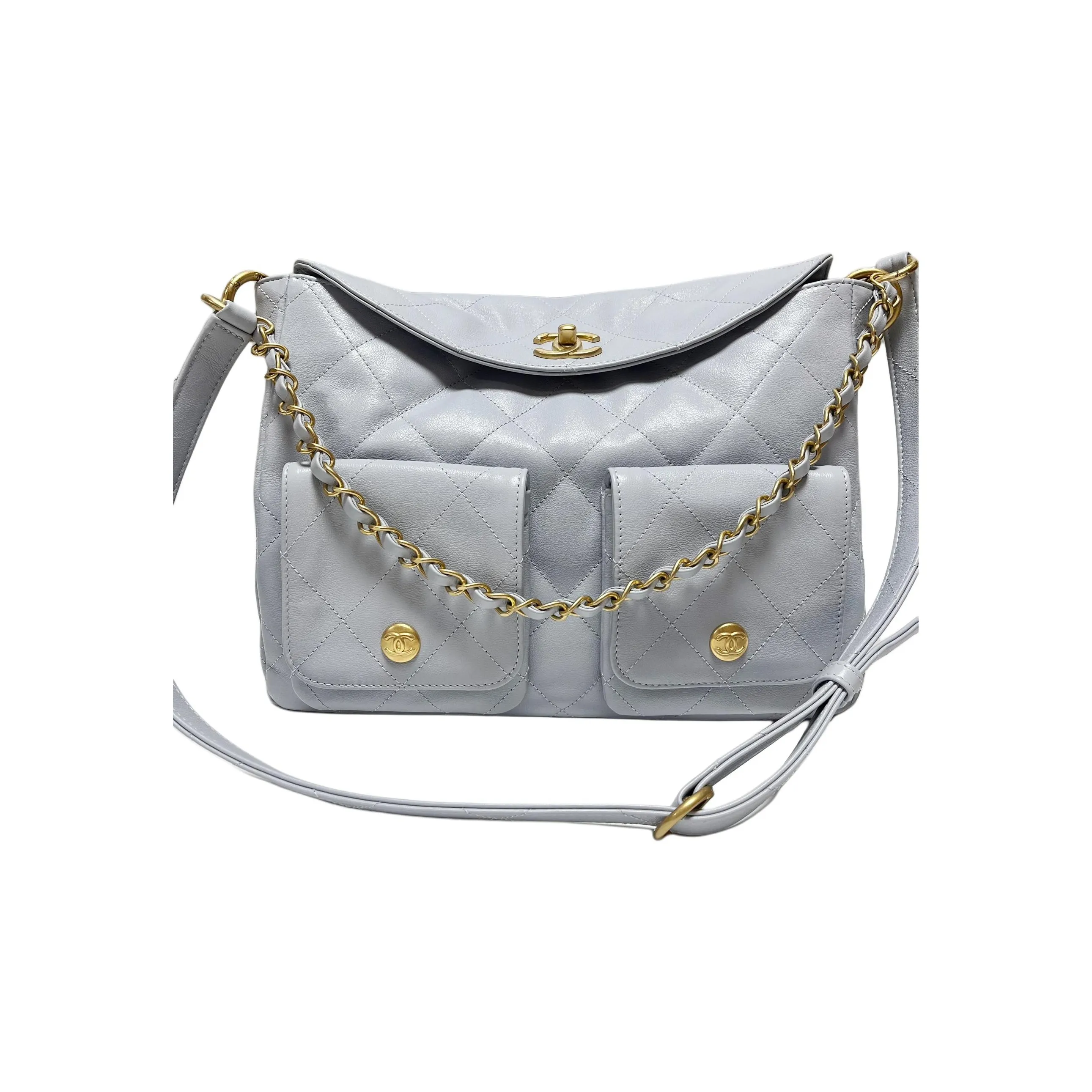 CHANEL Smooth Cow Leather Handbag, Shoulder Bag, Crossbody Bag Tubas Women's Gray Blue