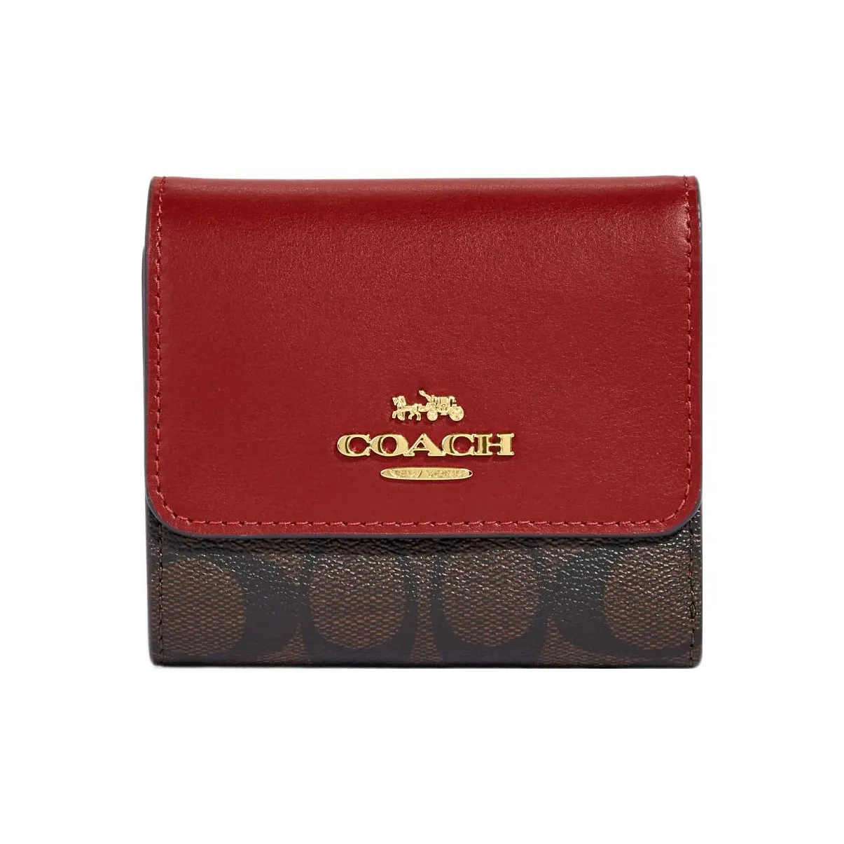 COACH Trifold Wallet Signature Coated Canvas With Smooth Leather Card Holder, Wallet Trumpets Women's Brown & Red
