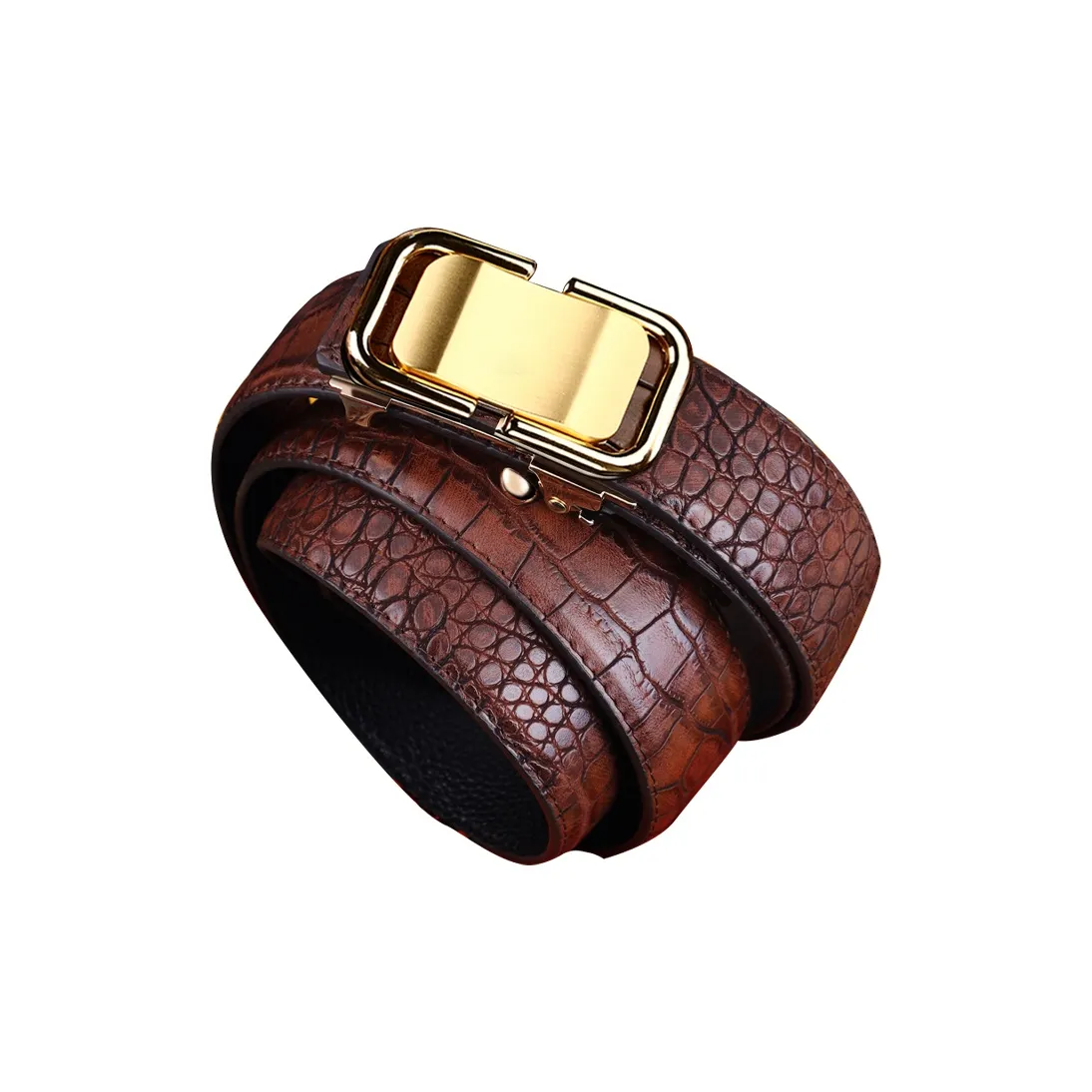 BISON DENIM Automatic Buckle Crocodile Pattern Vintage Leather Belts Men's Coffee Width 3.3CM