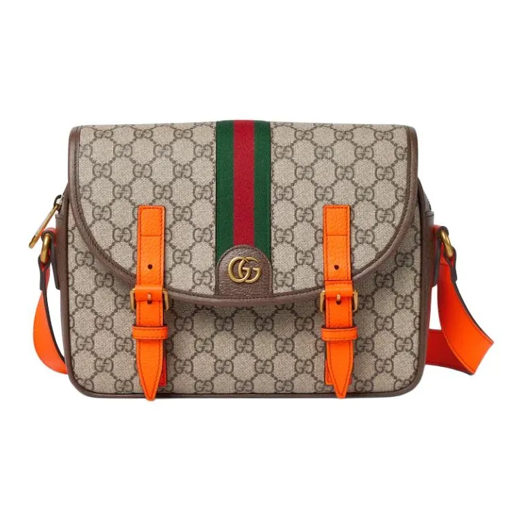 GUCCI Ophidia Canvas With Leather Trim Canvas Bag, Shoulder Bag, Crossbody Bag Men's Beige & Ebony & Orange