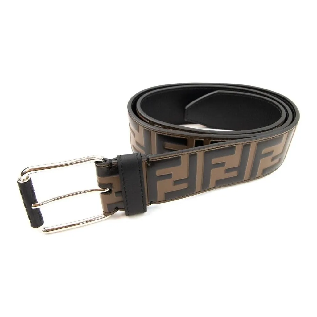 FENDI Emblem Pattern Smooth Buckle Leather Belts Men's Black