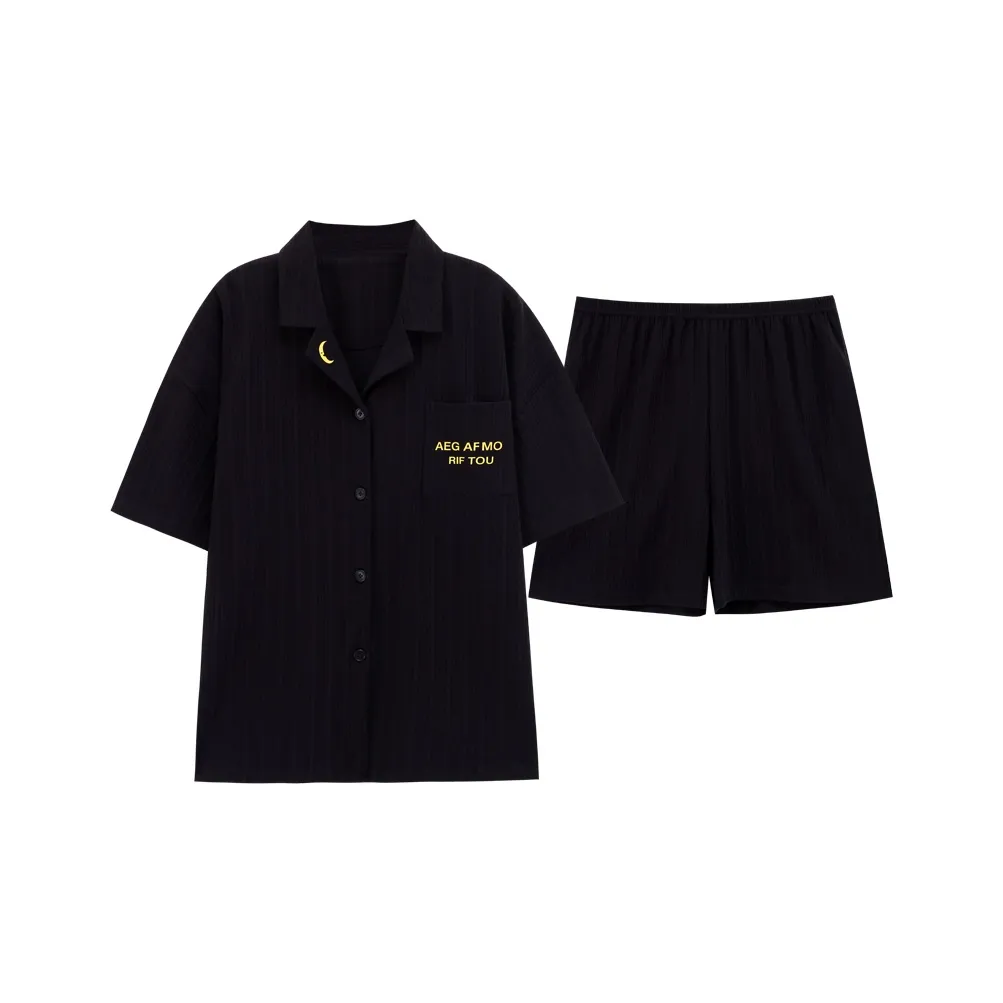 Sleep Students Dormitory Home Sleepwear Summer Pajama Set Unisex Black