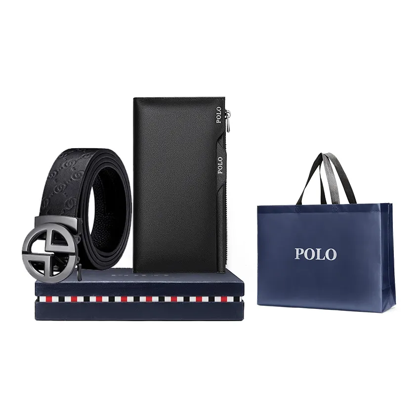 POLO Top Grain Cow Leather Belts Men's Gunmetal Width 3.4cm